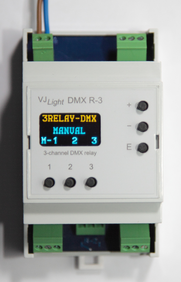 Трёхканальное DMX реле на DIN рейку VJLight DMX-R3. Ручной режим.